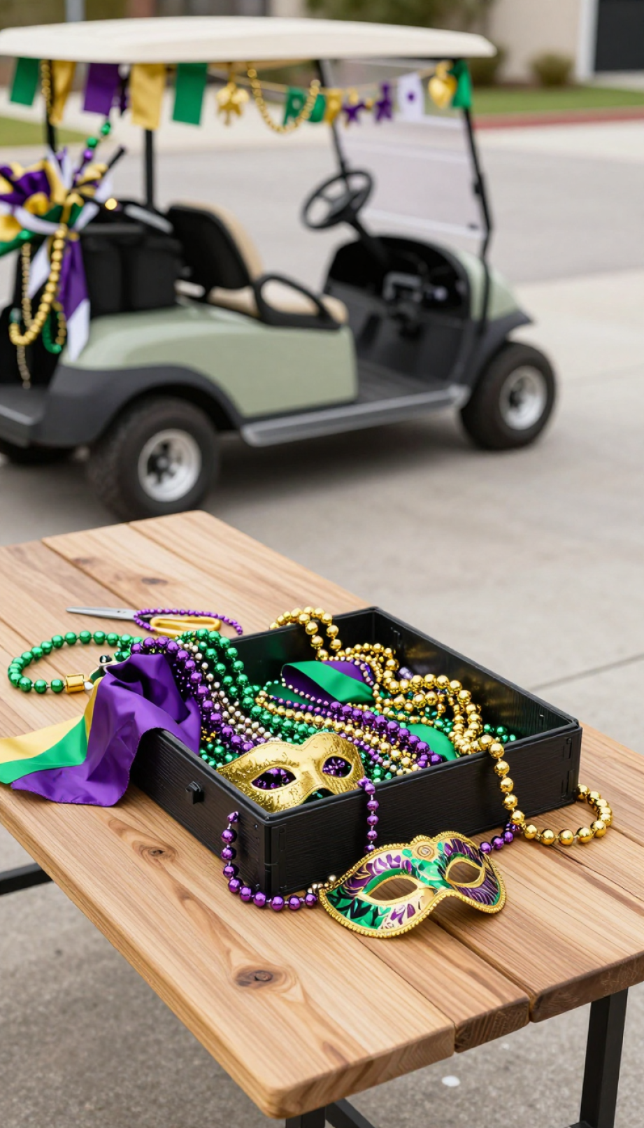 Mardi Gras Golf Cart Decorating Kit Laid Out With Purple, Green, And Gold Garlands Alongside Partially Decorated Cart.