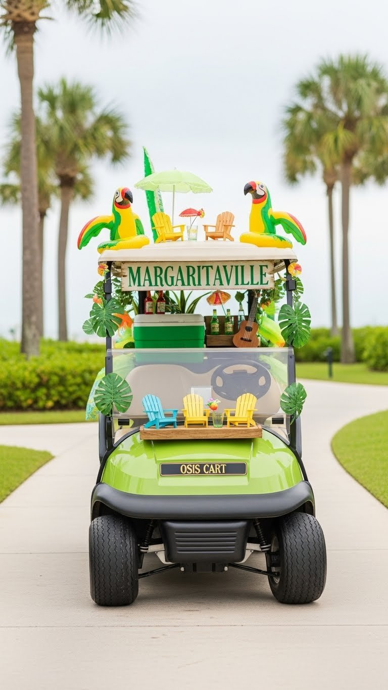 Margaritaville Themed Golf Cart With Inflatable Parrots, Cooler, And Beach Bar Accessories
