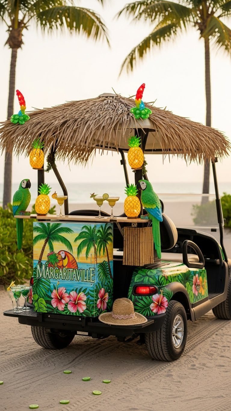 Margaritaville Themed Golf Cart With Tiki Bar And Led Pineapple Lights On Sandy Beach Path