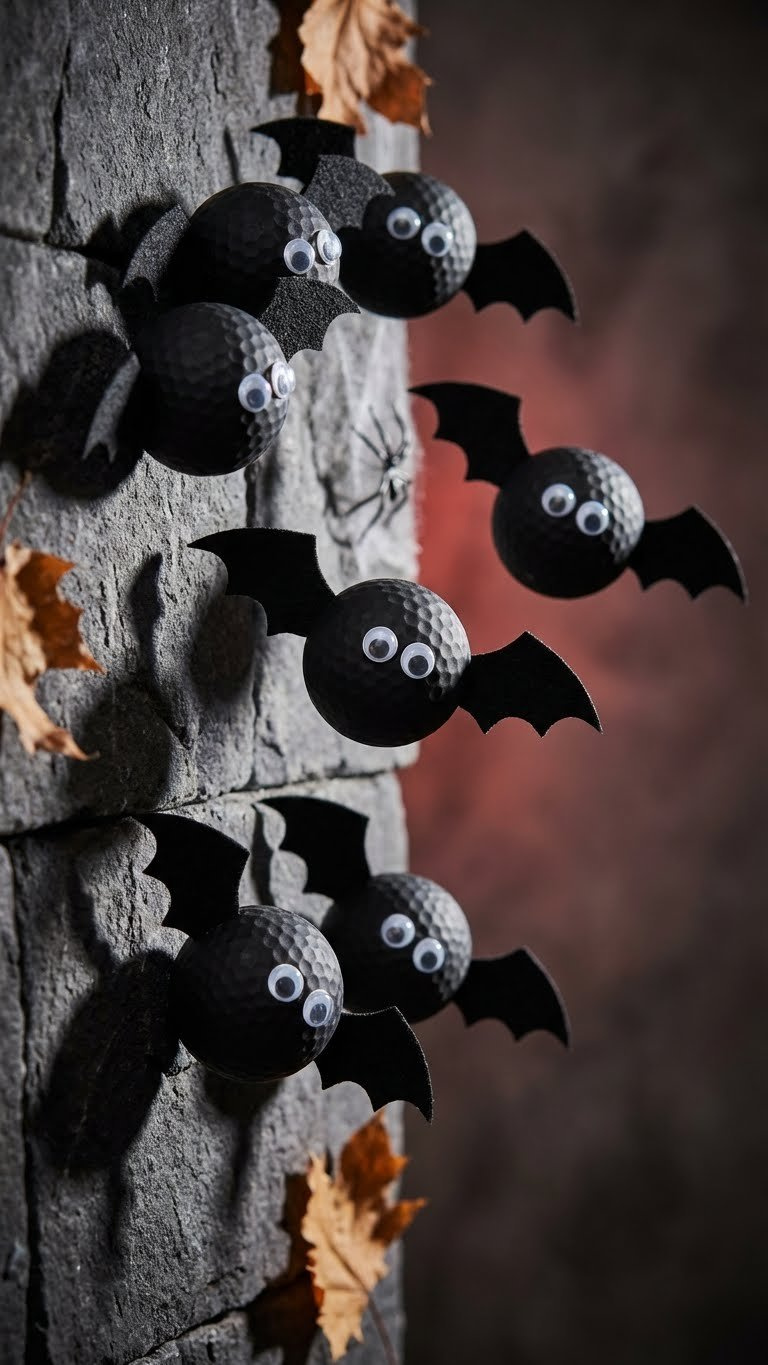 Golf Ball Halloween Crafts: 9 Unique Diy Spooky Decor Ideas Matte Black Golf Ball Bats With Felt Wings And Googly Eyes On A Dark, Rough-Textured Stone Surface.
