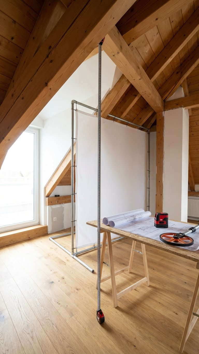 Golf Simulator Loft Room: Ultimate Sloped Ceiling Solutions Measuring Tape Shows Critical Dimensions In A Partially Constructed Golf Simulator Loft Room With Sloped Ceiling, Exposed Beams, And Construction Tools.