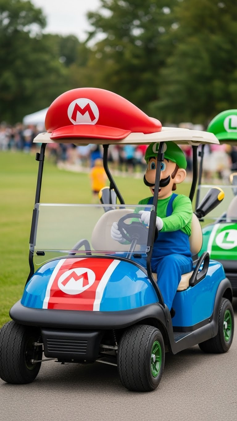 Medium Shot Of Mario Kart-Themed Golf Cart Decorated As Classic Character With Vibrant Red And Blue Colors On Paved Road With Soft Bokeh Background