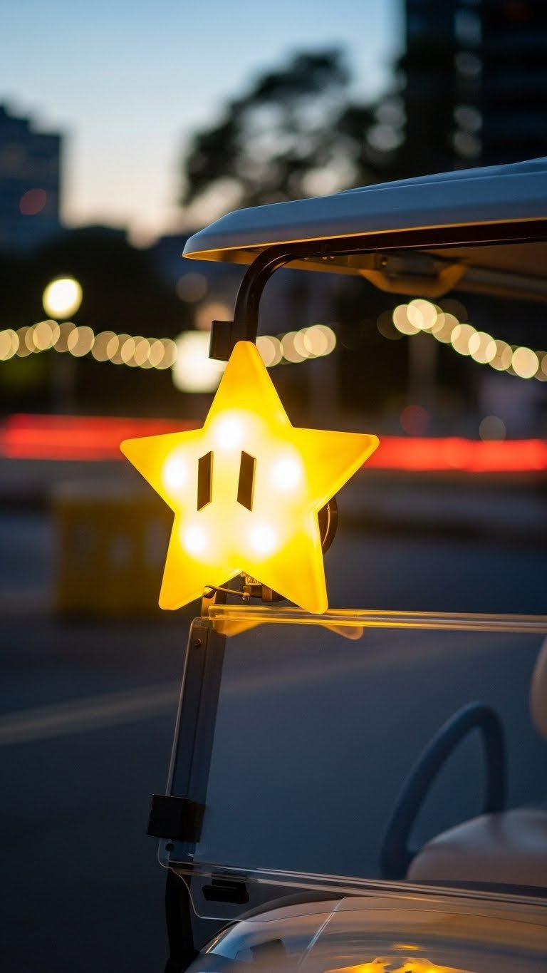 Medium Shot Of Golf Cart With Glowing Oversized Mario Kart Star Power Light Emitting Vibrant Yellow Glow Against Evening Cityscape Background