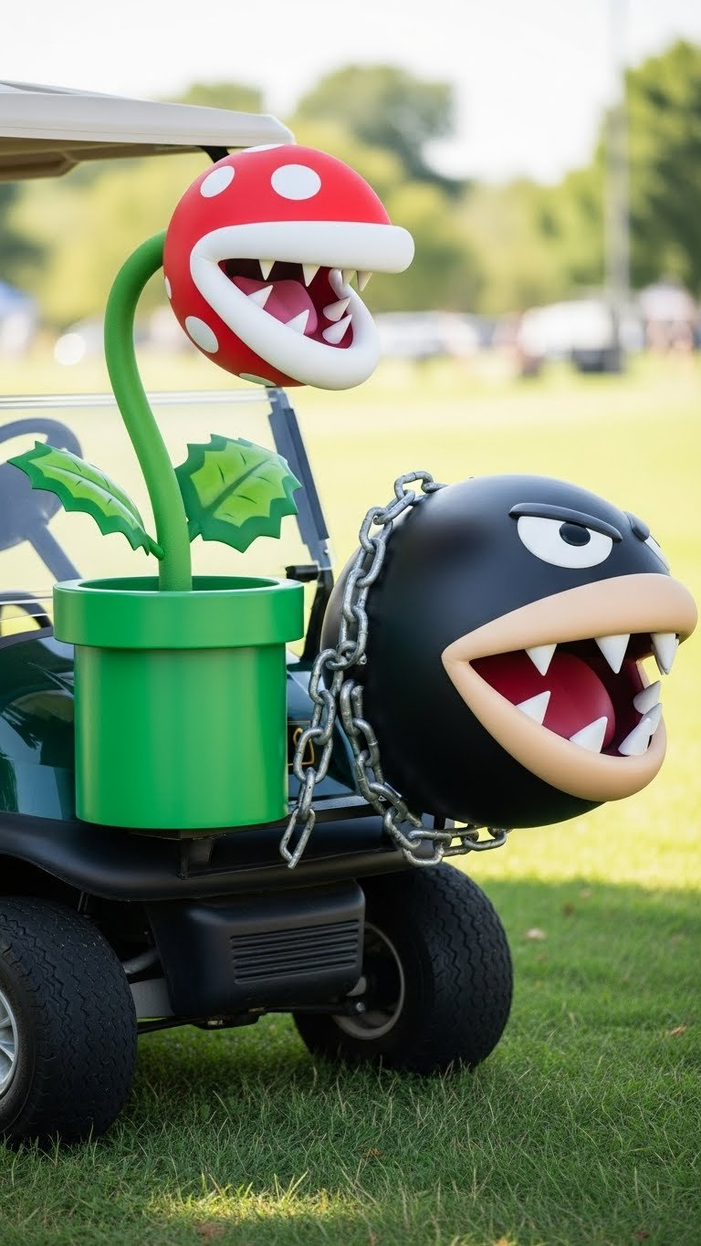 Medium Shot Of Golf Cart With Oversized Piranha Plant And Chain Chomp Props Emerging From Pipe On Grassy Area