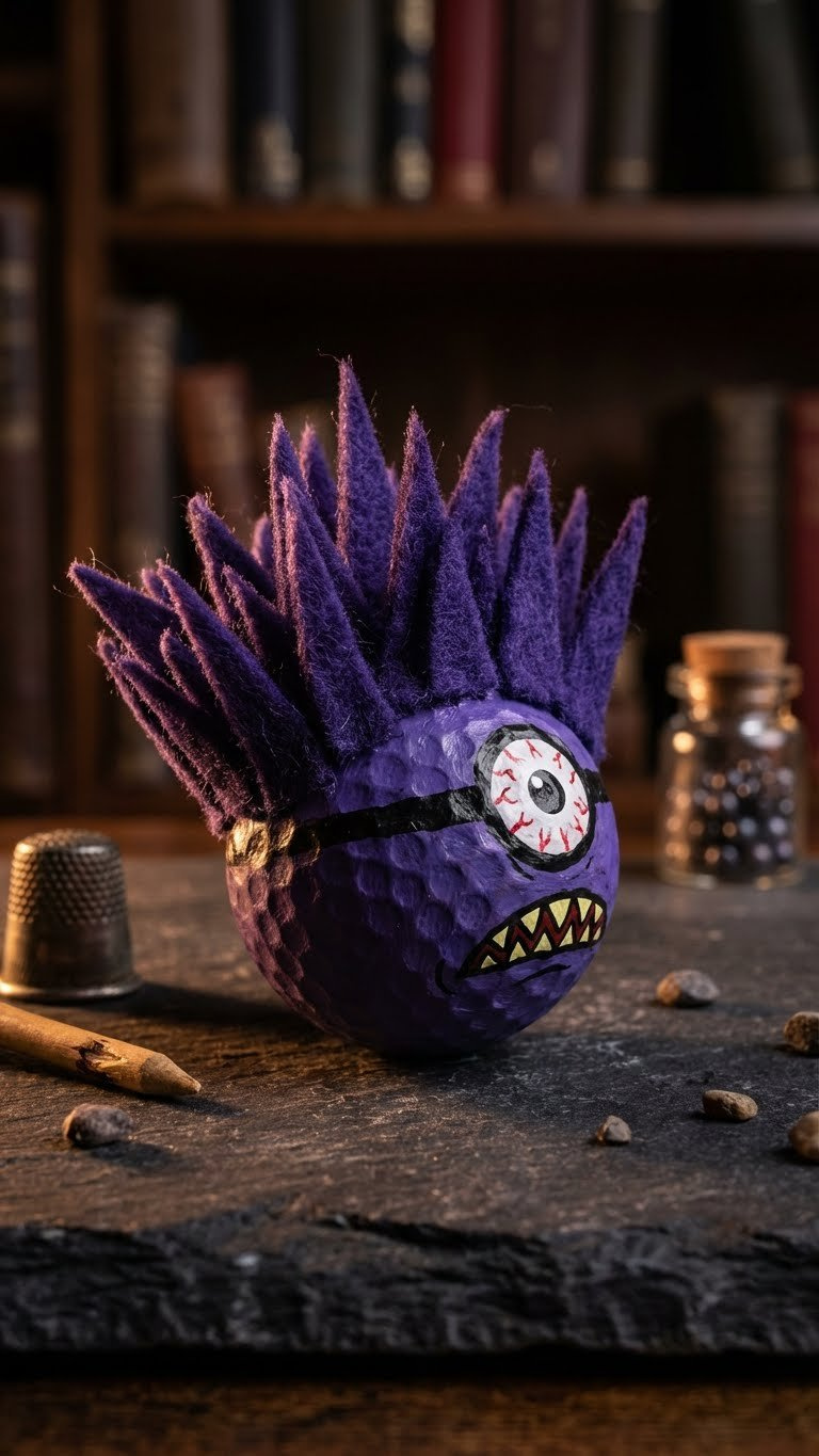 Minion Golf Ball Crafts: 11 Unique Diy Ideas &Amp; Designs Menacing Yet Adorable Evil Minion Purple Golf Ball With Wild Spiked Hair, Angry Bloodshot Eyes, And Jagged Teeth On A Dark Textured Stone Surface.
