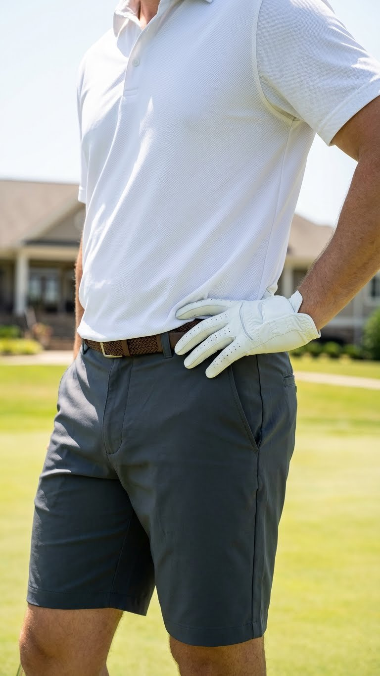 Men'S Classic Golf Outfit: Crisp Blue Performance Polo, Dark Grey Moisture-Wicking Shorts, Golf Glove, Braided Belt On Course.
