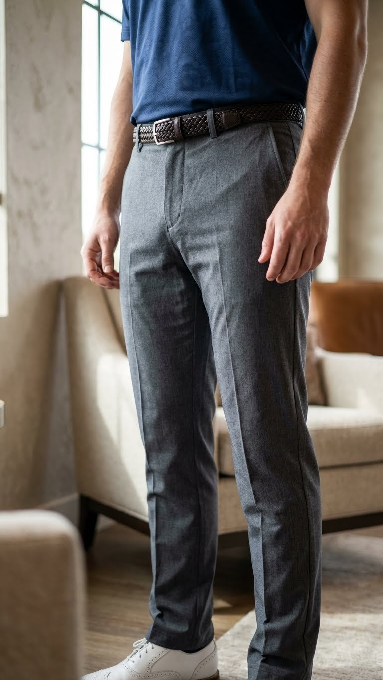 Men'S Comfort Golf Outfit: Tailored Charcoal Lightweight Pants, Athletic-Fit Performance Polo, Leather Belt, Golf Shoe In Clubhouse.