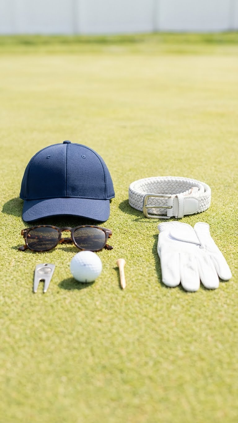 Men'S Summer Golf Accessories Flat Lay: Cap, Braided Belt, Sleek Sunglasses, Glove, Ball, Tee On Putting Green.