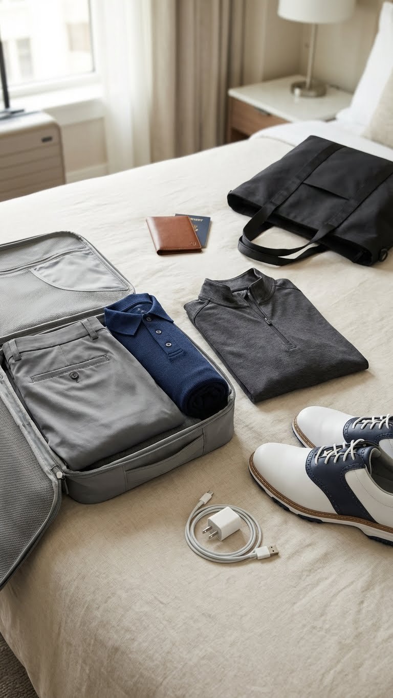 Men'S Travel Golf Apparel: Wrinkle-Resistant Gray Pant, Rolled Polo, Pullover, Shoes, On A Hotel Bed.