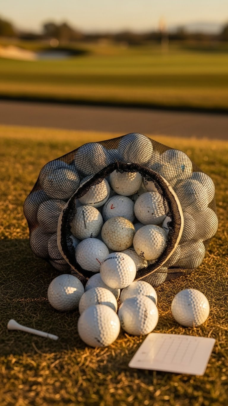 Mesh Bag Filled With 50-70 Used Golf Balls Spilling Onto Sun-Baked Fairway Grass For Practice