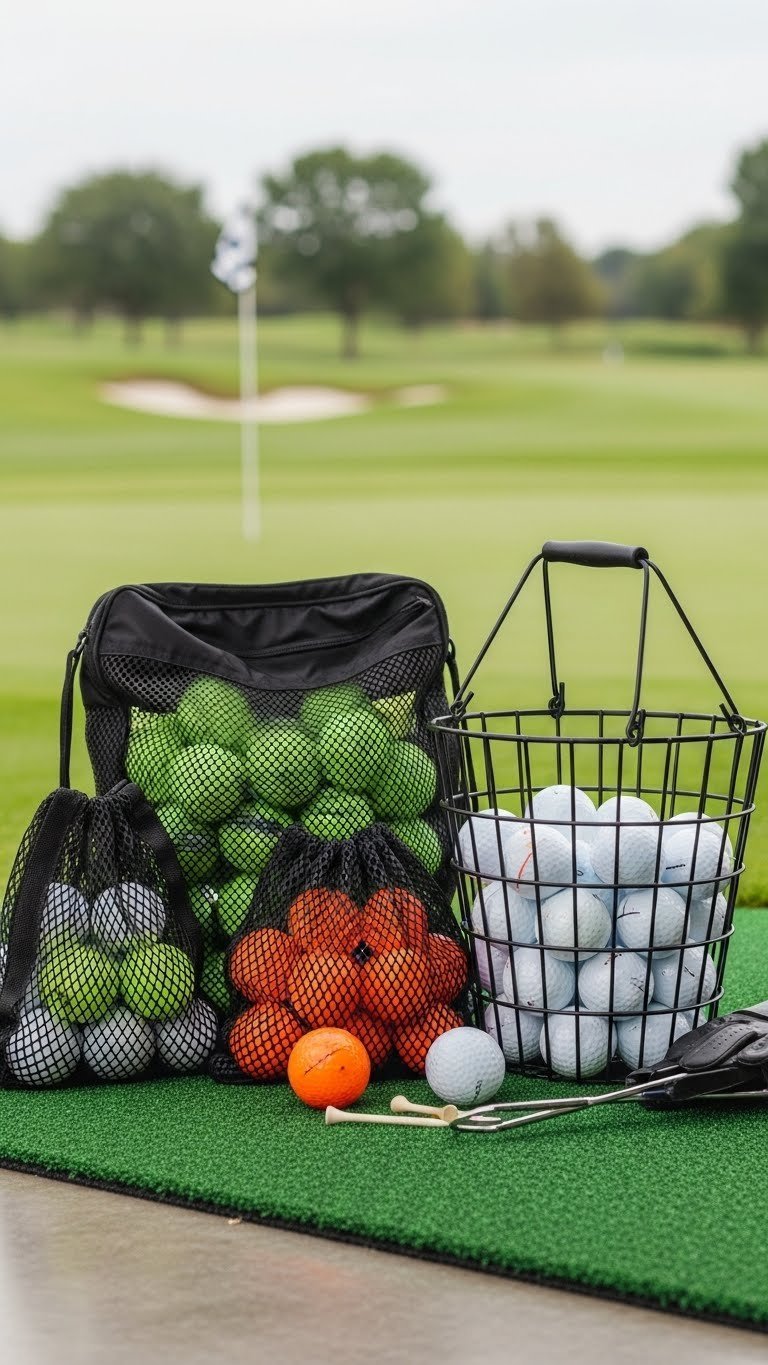 Golf Ball Storage Ideas: Top 9 Ways To Organize &Amp; Protect Mesh Bags And Wire Basket Filled With Golf Balls Arranged On Vibrant Green Putting Green Surface