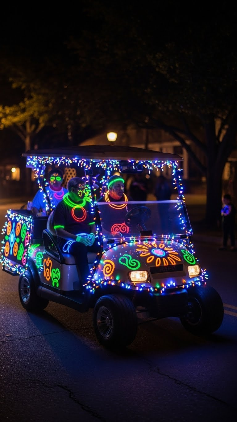 Mesmerizing Glow-In-The-Dark Golf Cart Parade Float With Neon Led Lights And Glowing Paint Designs Against Dark Night Background