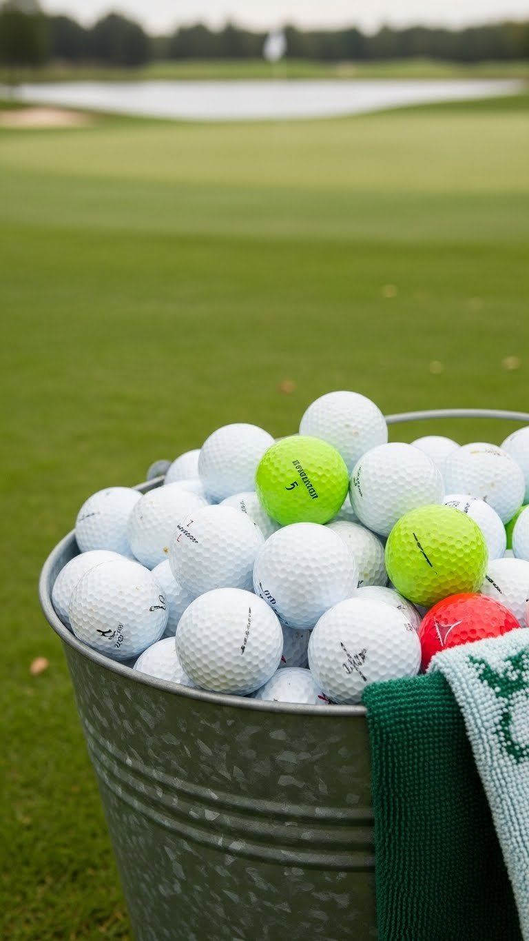 Metal Bucket Overflowing With Pre-Owned Golf Balls On Lush Green Golf Course Rough With Natural Daylight