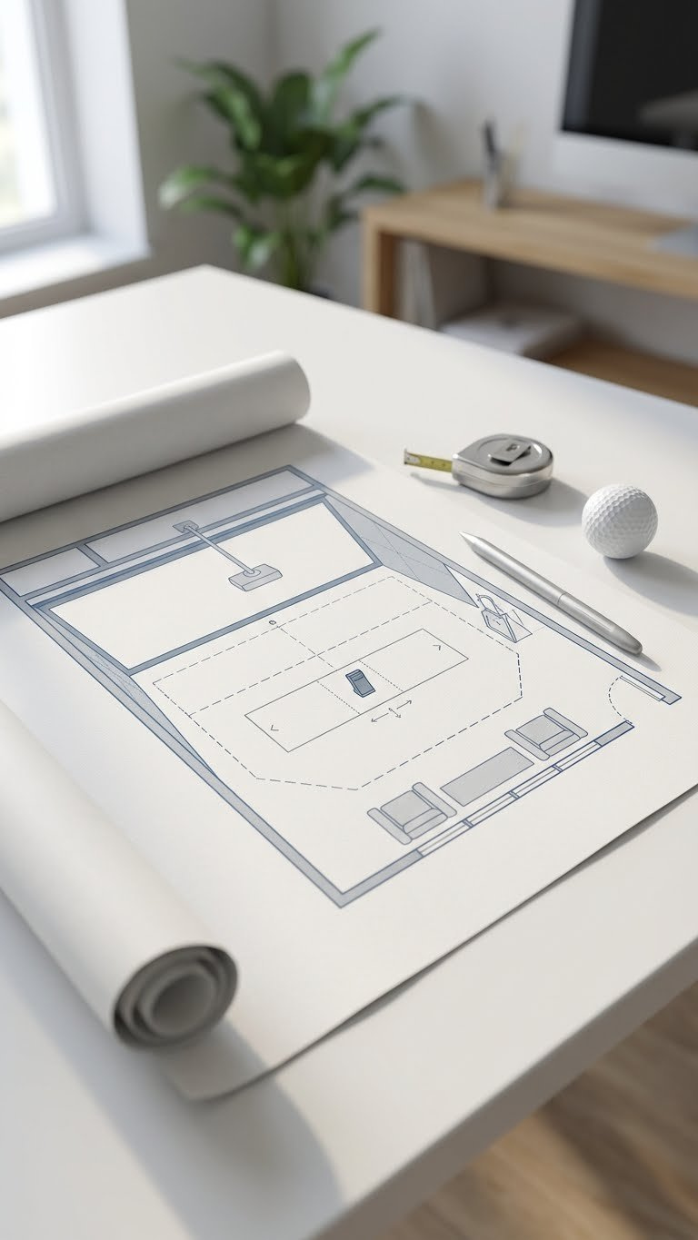 Meticulous Golf Simulator Room Blueprint On A Clean White Desk With A Stylus And Golf Ball, Showcasing Detailed Home Golf Design And Layout.