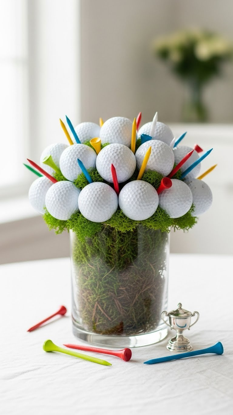 Meticulously Crafted White Golf Ball And Colorful Wooden Tee Bouquet In A Glass Vase With Moss, On White Linen, Minimalist Golf Decor.