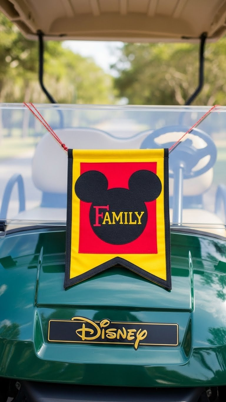Mickey Mouse Silhouette Banner Attached To Golf Cart Front With Bungee Cords At Fort Wilderness