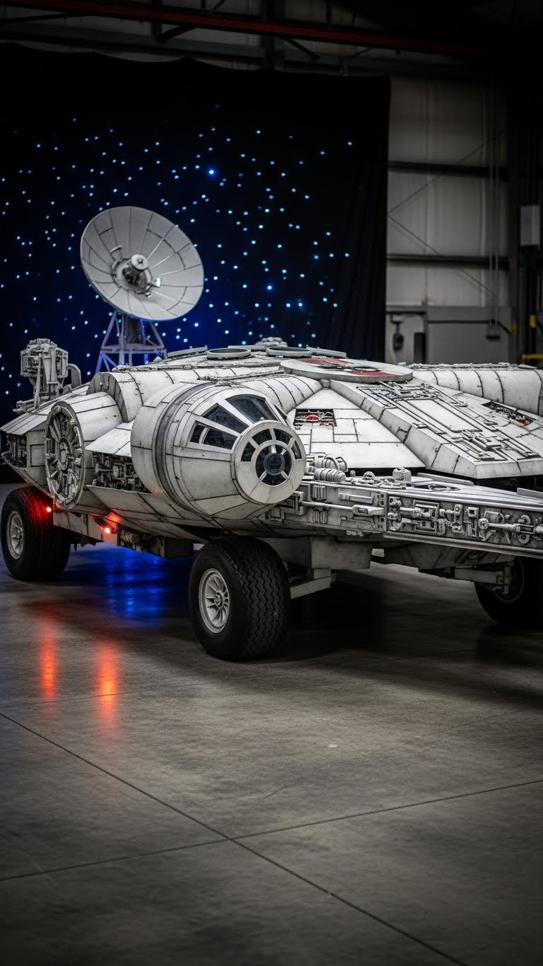 Millennium Falcon Golf Cart With Saucer Shape And Cockpit Displayed On Concrete Surface With Dramatic Side Lighting