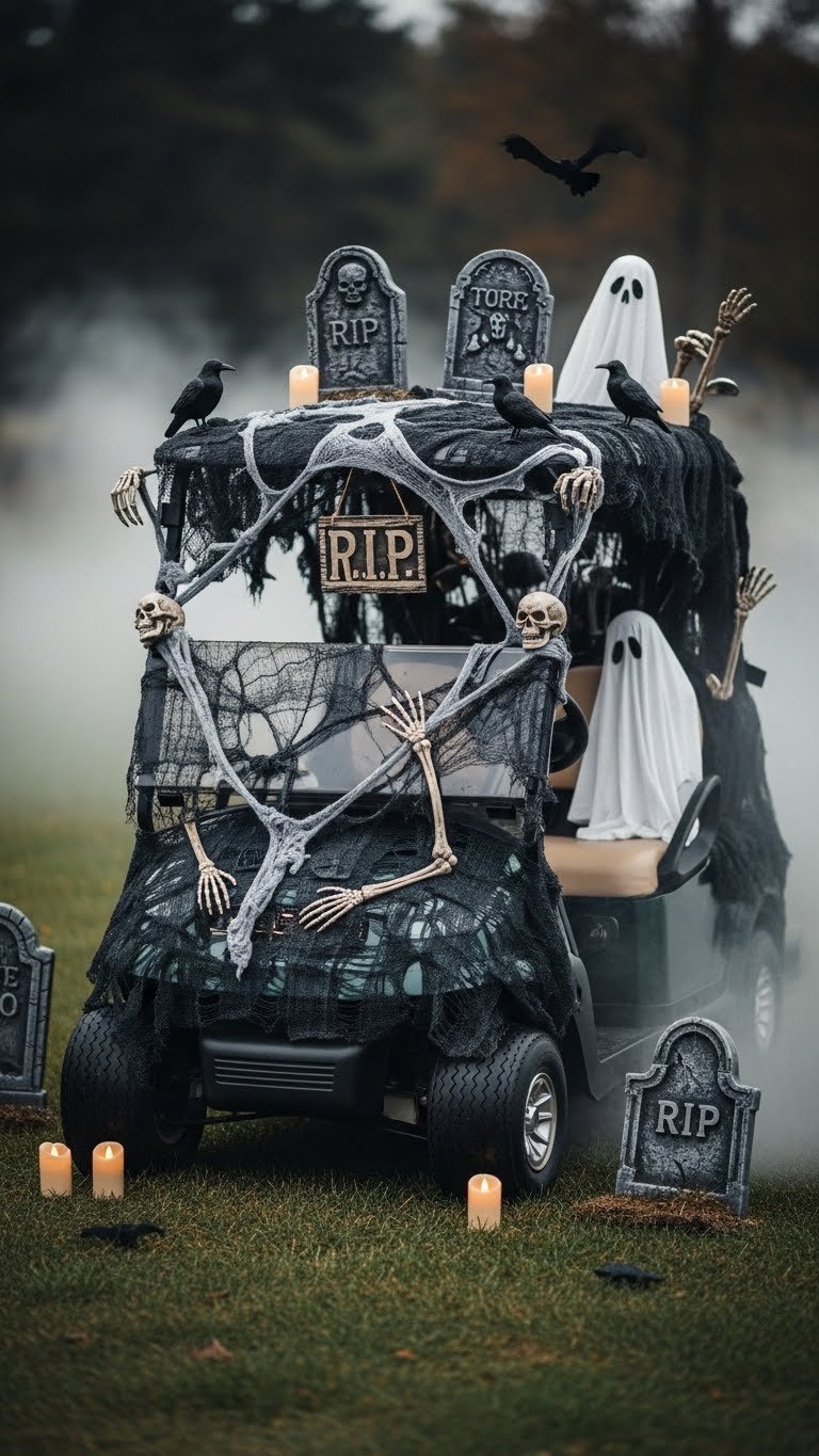 Mini Haunted Graveyard Golf Cart Draped In Dark Fabrics With Tombstones, Skeletal Arms, And Ghostly Figure Emerging From Back.