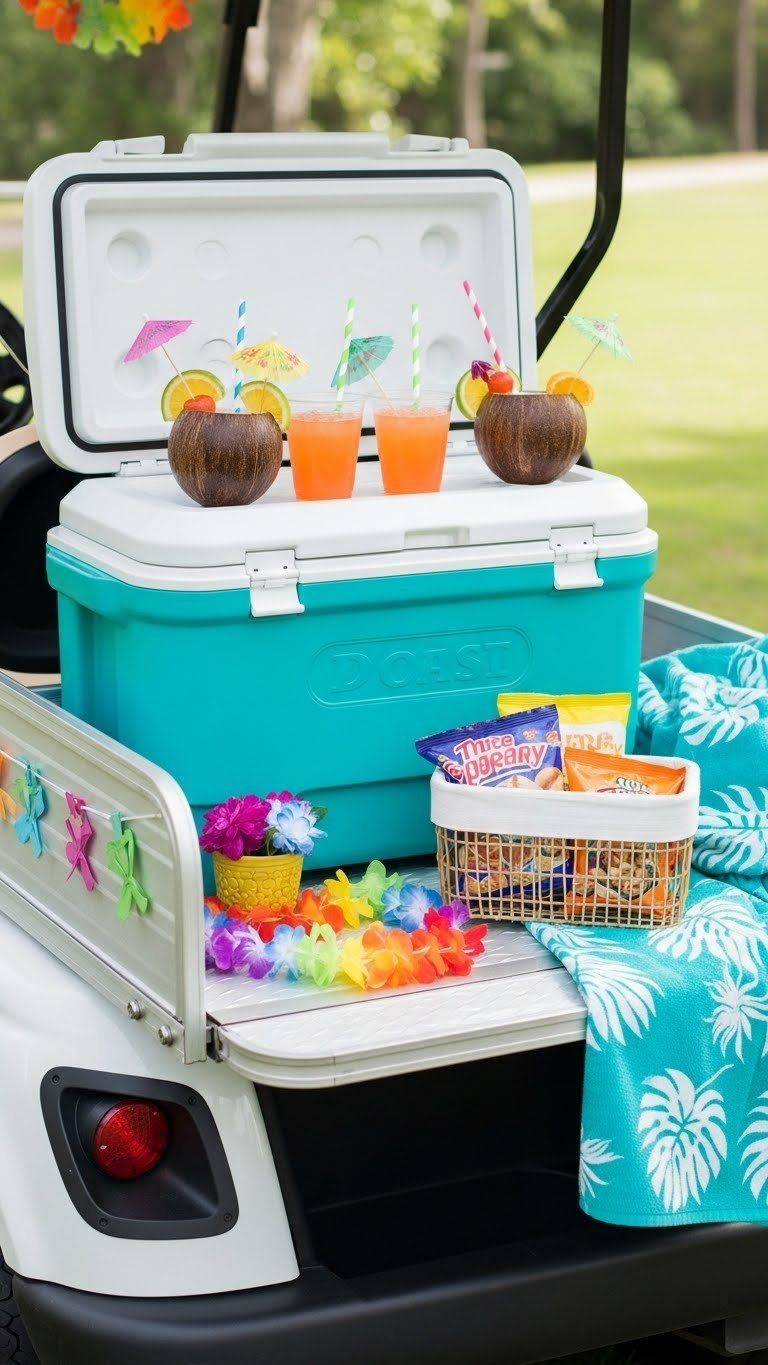 Mini Refreshment Station On Golf Cart With Tropical Drinks In Coconut Cups And Hawaiian Treats