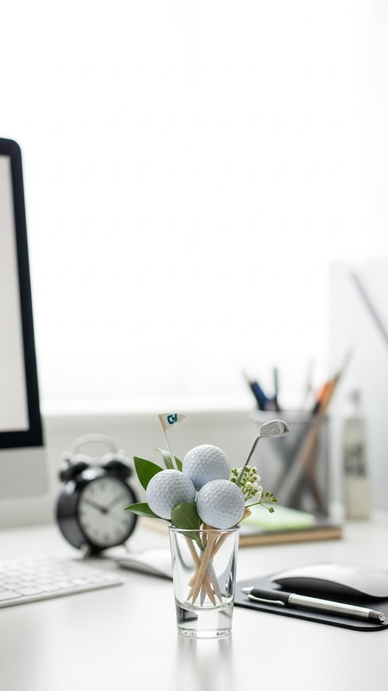 Miniature Desk Golf Ball Bouquet With Small Golf Balls, Tees In Shot Glass On Sleek White Desk, Minimalist Office Decor.