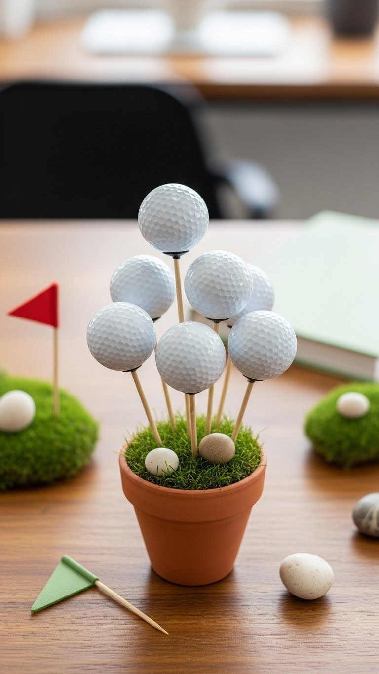 Miniature Golf Ball Bouquet In A Terracotta Pot With Faux Turf, Golf Balls On Skewers, Desk Decor On A Rustic Wood Table.