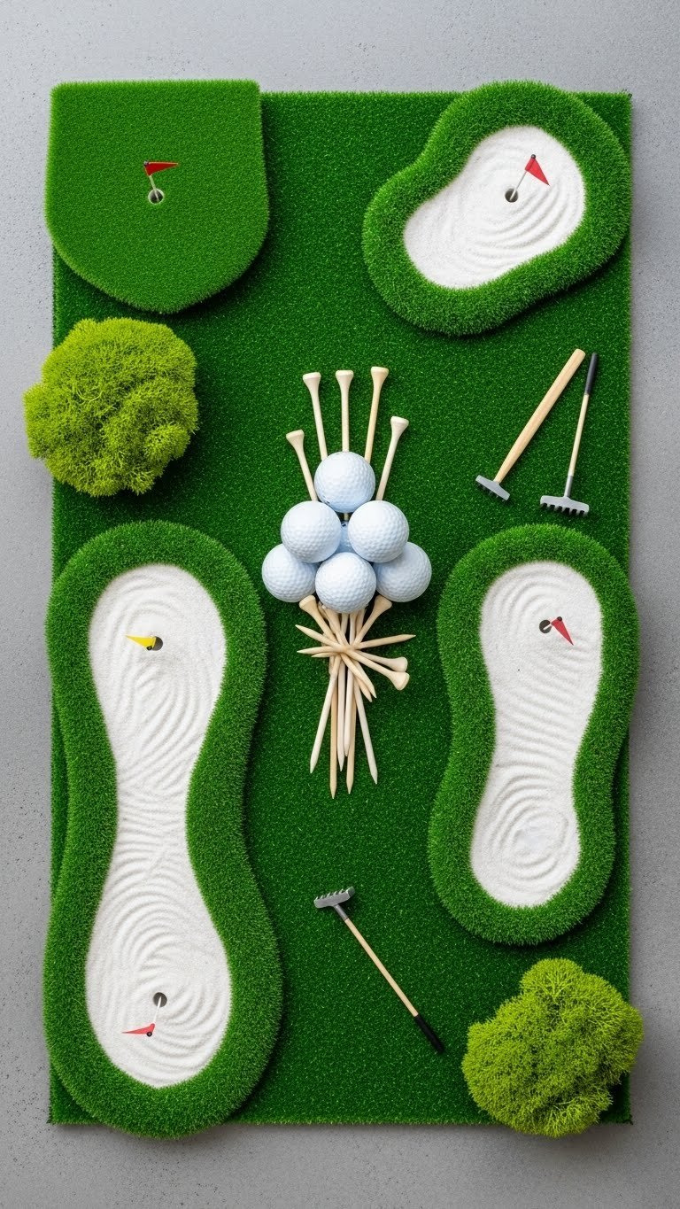 Miniature Golf Course Display With Golf Balls &Amp; Tees On Turf, Sand Traps &Amp; Flags, For Unique Golf Decor.