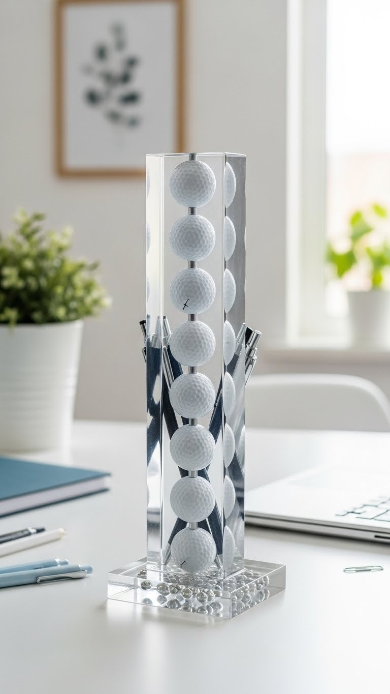 Minimalist Clear Epoxy Resin Pen Holder With Vertically Suspended Golf Balls On White Desk
