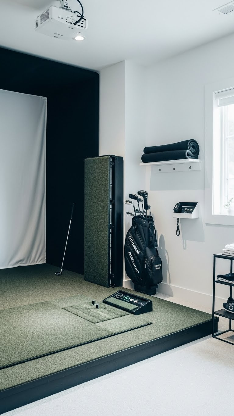 Minimalist Compact Home Golf Simulator Setup Featuring An Integrated Impact Screen, Retractable Hitting Mat, And Discreetly Stored Golf Accessories.