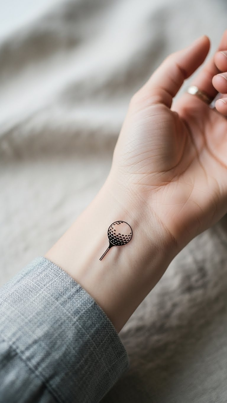 Minimalist Fine Line Golf Ball Tattoo On Wrist With Clean Outline And Subtle Dimple Indication