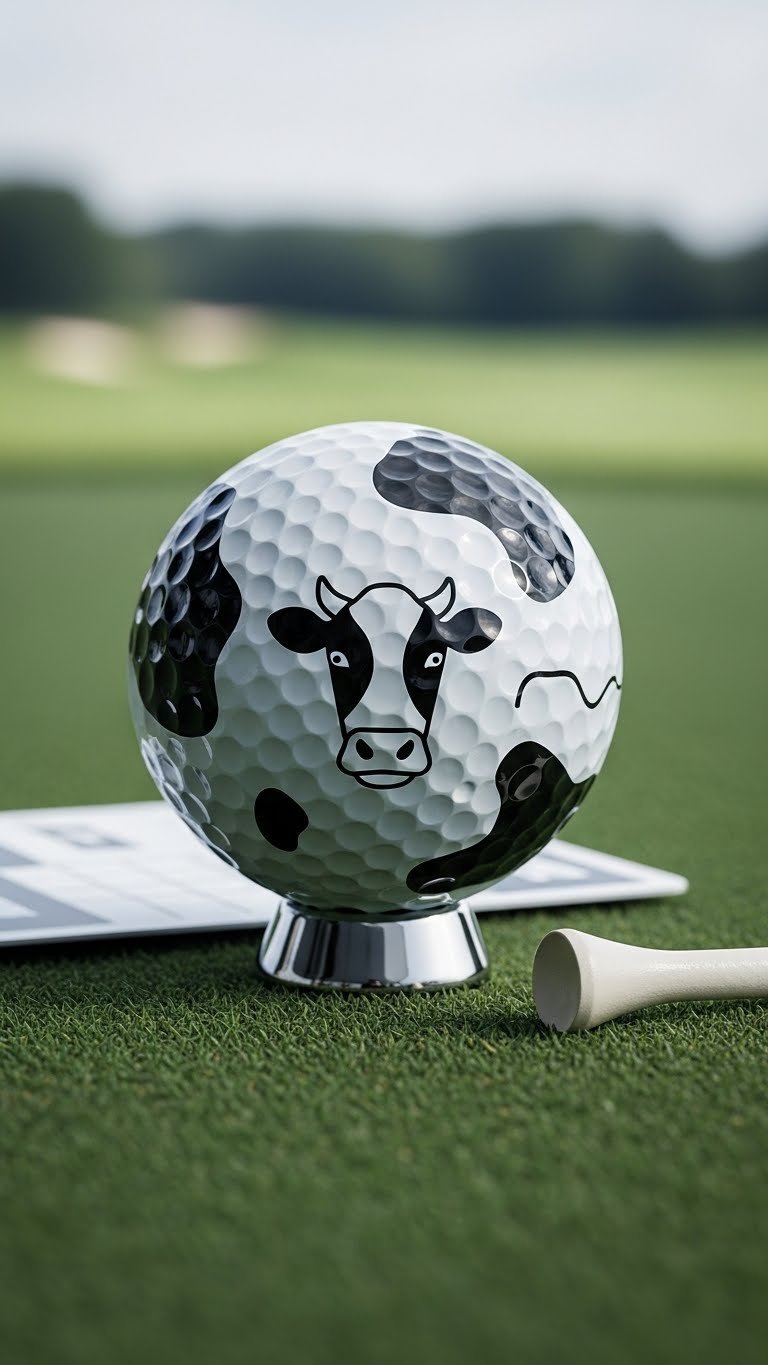 Minimalist Golf Ball With Abstract Geometric Cow Motif On Sleek Display Stand Against Blurred High-End Golf Club Interior
