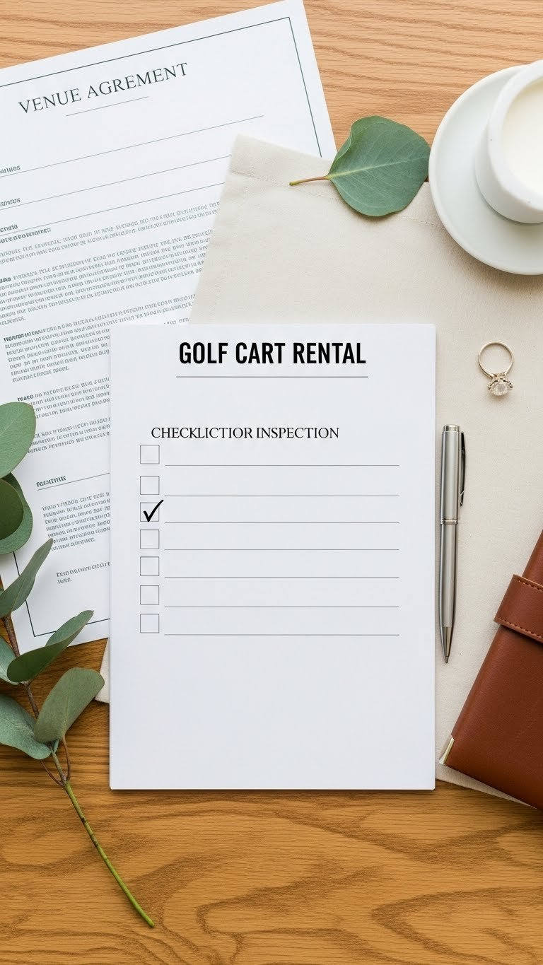 Minimalist Golf Cart Rental Checklist On Wooden Surface With Stylish Pen For Wedding Planning Organization