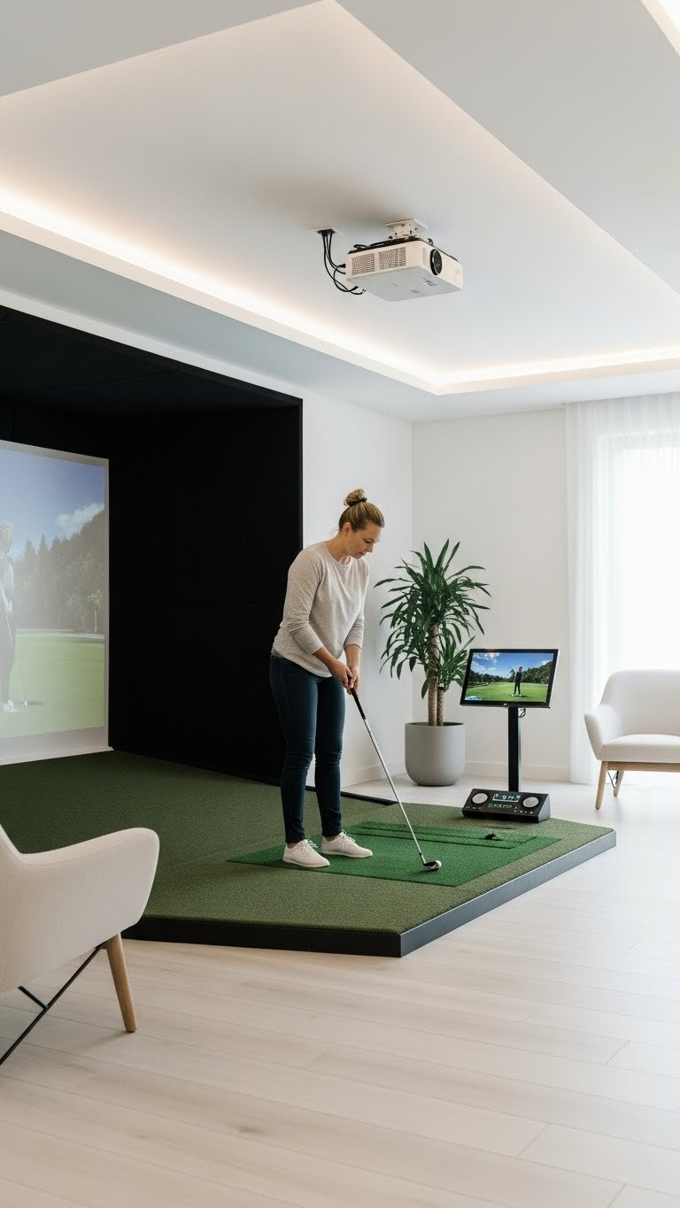 Minimalist Golf Simulator Room With Recessed Projector, Concealed Cables, And Discreet Launch Monitor Integrated Into Clean White And Gray Interior.