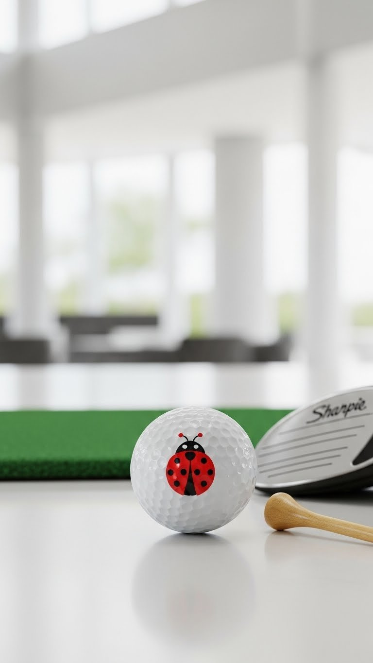 Minimalist Ladybug Golf Ball Design With Stylized Black Dots On White Surface Against Modern Golf Club Interior Backdrop.