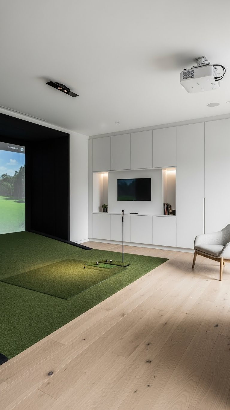 Minimalist Modern Golf Simulator Room With Wall-Mounted Screen And Integrated Projector In Clean White Space With Light Oak Flooring