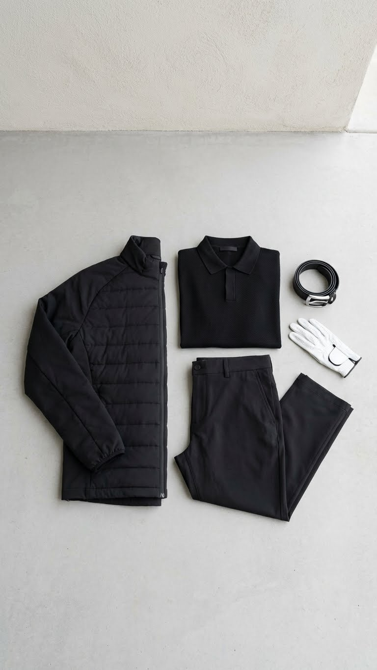 Minimalist Monochrome Golf Outfit Flat Lay: White Polo, Trousers, Jacket With Texture. Clean, Sleek Golf Apparel, Subtle Black Accents.