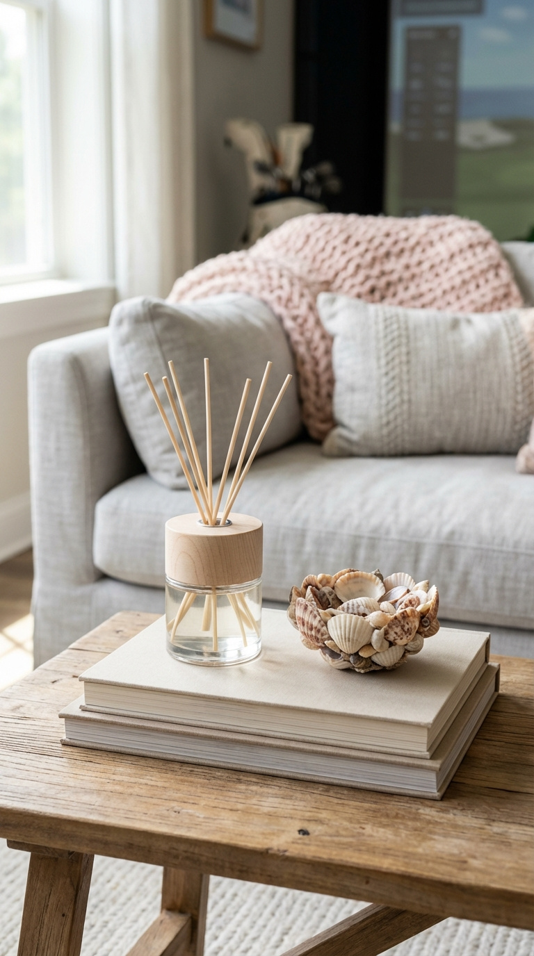 Minimalist Reed Diffuser With Seashell Bowl On Rustic Wood Table In Serene Coastal Golf Room Setting