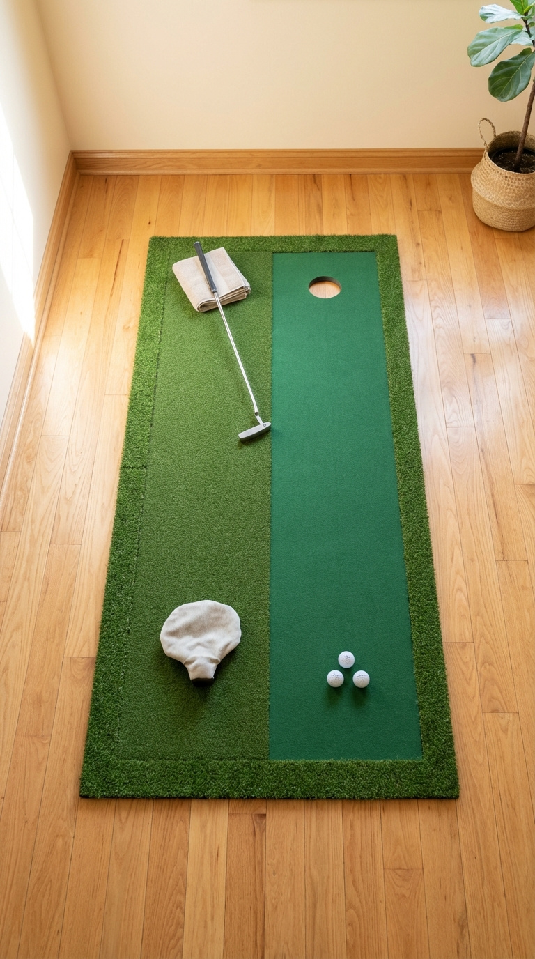 Golf Simulator Room Flooring Complete Buyer Guide For Homes Minimalist Standalone Hitting Mat With Putting Green On Hardwood Floor In Spare Bedroom