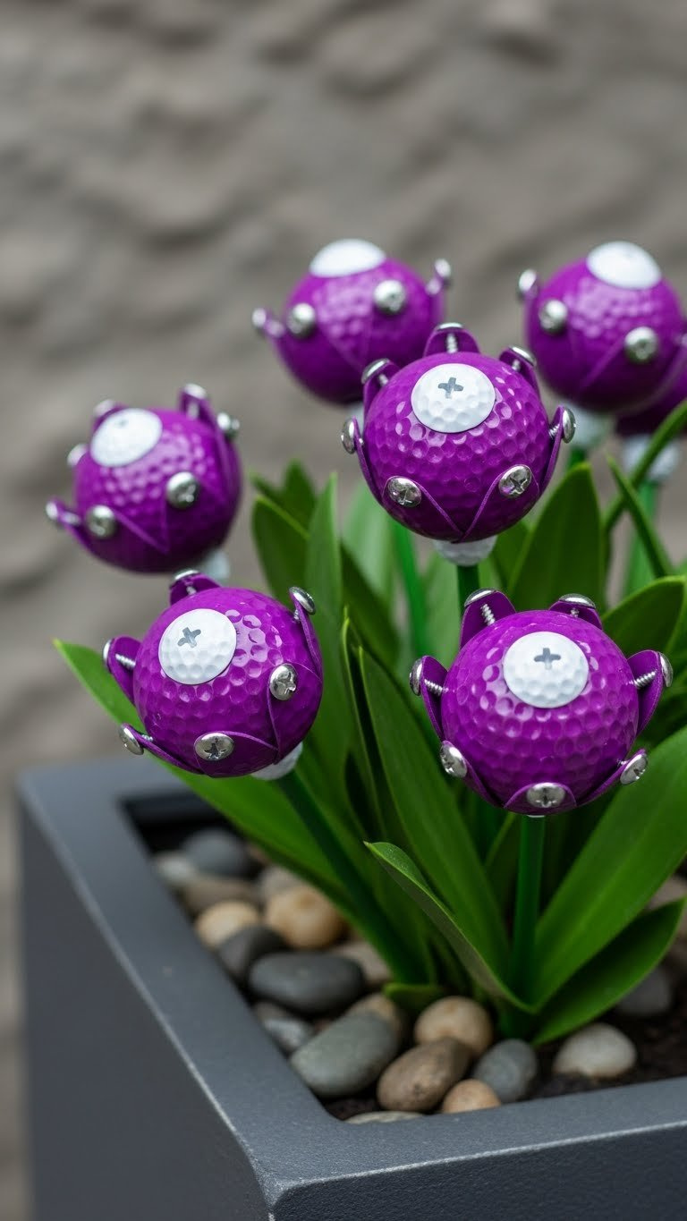 Modern Diy Golf Ball Flowers With Screws Arranged In Dark Grey Planter Against Textured Wall Background