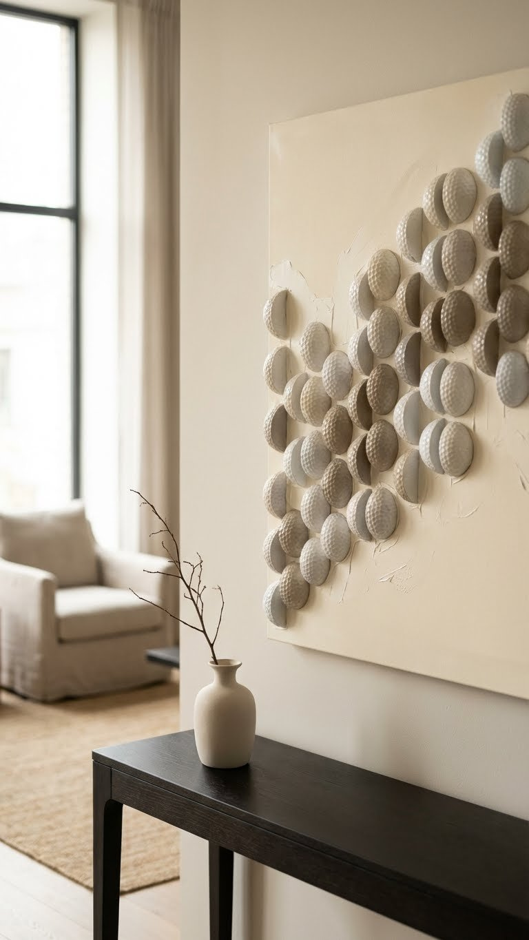Golf Ball Crafts Projects: 7 Genius Upcycling Ideas Modern Abstract Golf Ball Wall Art, Cream And Gray Geometric Patterns, Showcasing Unique Texture In A Minimalist Living Space.