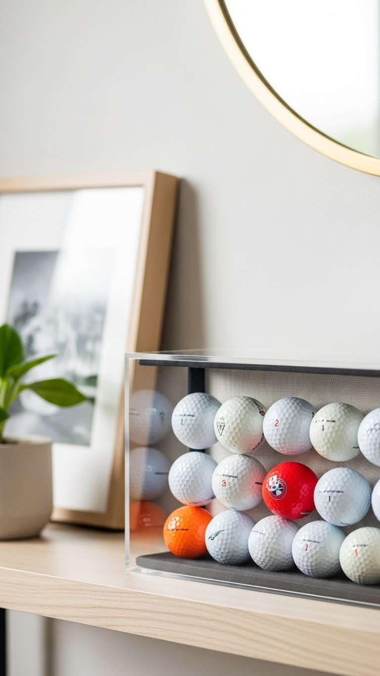 Modern Acrylic Front Shadow Box Display Case Showcasing Golf Ball Collection With Clean Lines And Protective Clear Front.