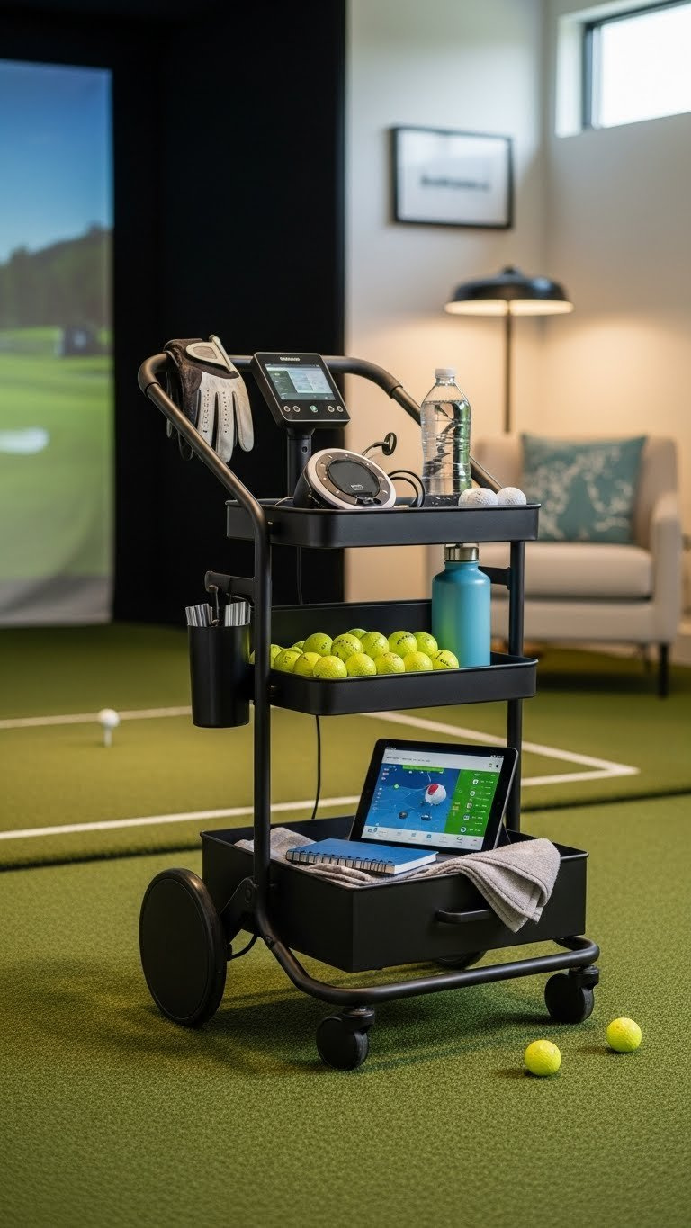 Modern Black Rolling Utility Cart Organized With Golf Simulator Accessories Including Balls, Launch Monitor, And Water Bottle On Turf Floor