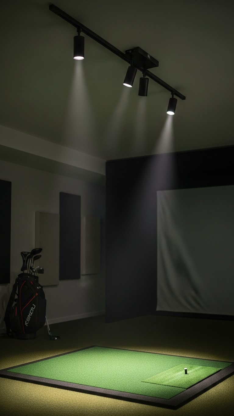 Golf Simulator Room Lighting Complete Guide For Perfect Setup Modern Black Track Lighting Creating Focused Illumination On Green Hitting Mat In Sophisticated Golf Simulator Room