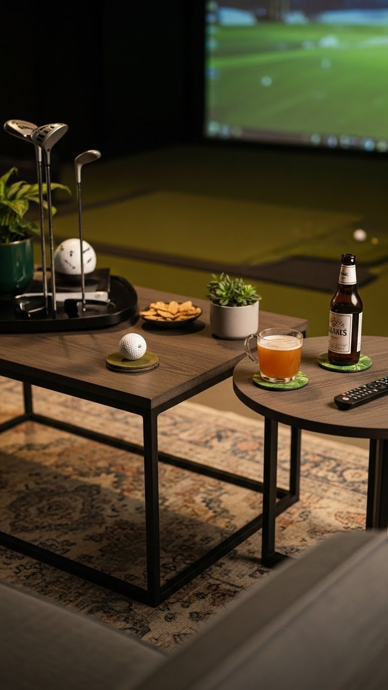 Modern Coffee Table With Golf-Themed Accessories In A Stylish Golf Simulator Room Featuring Warm Golden Hour Lighting
