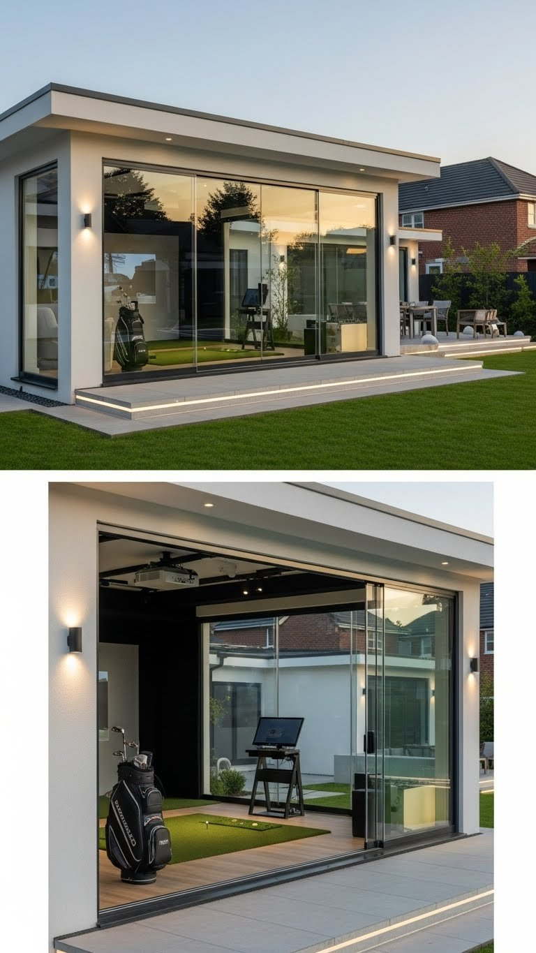9 Essential Outdoor Golf Simulator Room Designs Modern Custom-Built Outdoor Golf Simulator Studio Features Sleek Glass Panels, Premium Finishes, And A High-End Golf Setup.