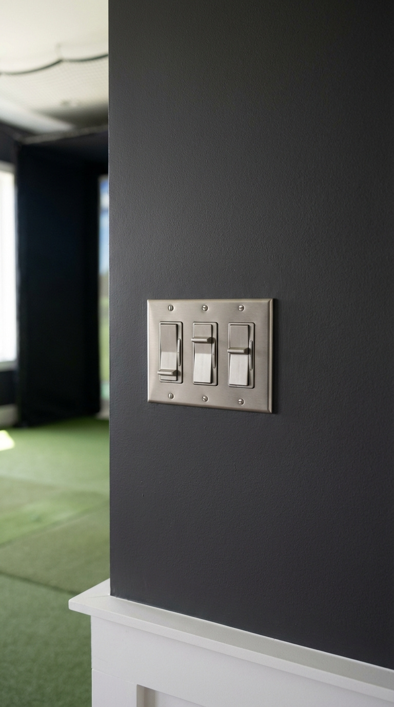 Golf Simulator Room Lighting Complete Guide For Perfect Setup Modern Dimmer Switch Panel Controlling Hitting Zone, Ambient, And Bar Area Lighting In Golf Simulator