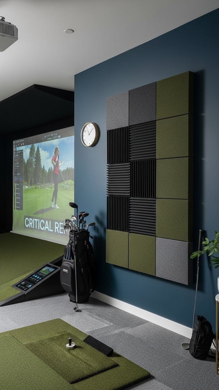 Modern Fabric-Wrapped Acoustic Wall Panels Enhance Sound Quality And Add Artistic Design To A Stylish Golf Simulator Room.