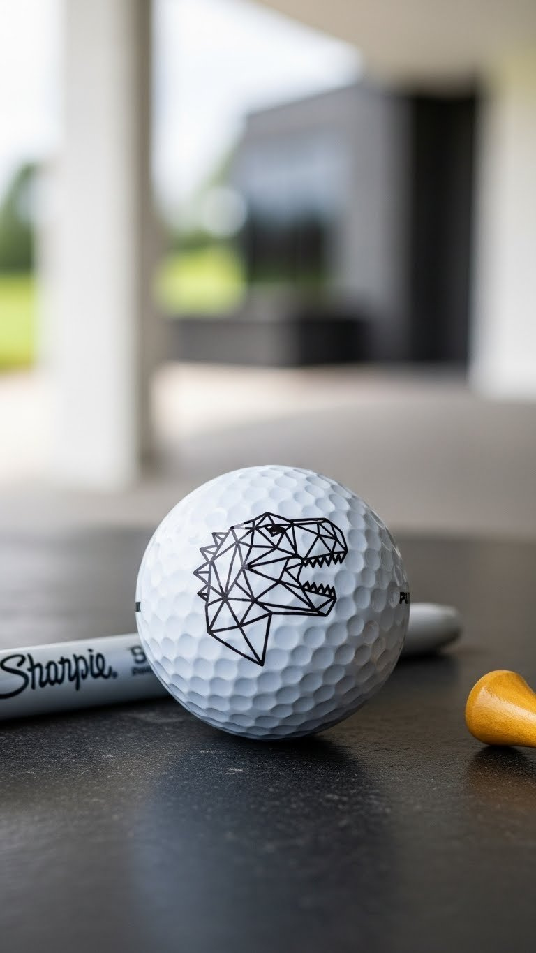 Modern Geometric Dinosaur Design Drawn In Metallic Sharpie Markers On Golf Ball Placed On Dark Grey Stone With Minimalist Background.