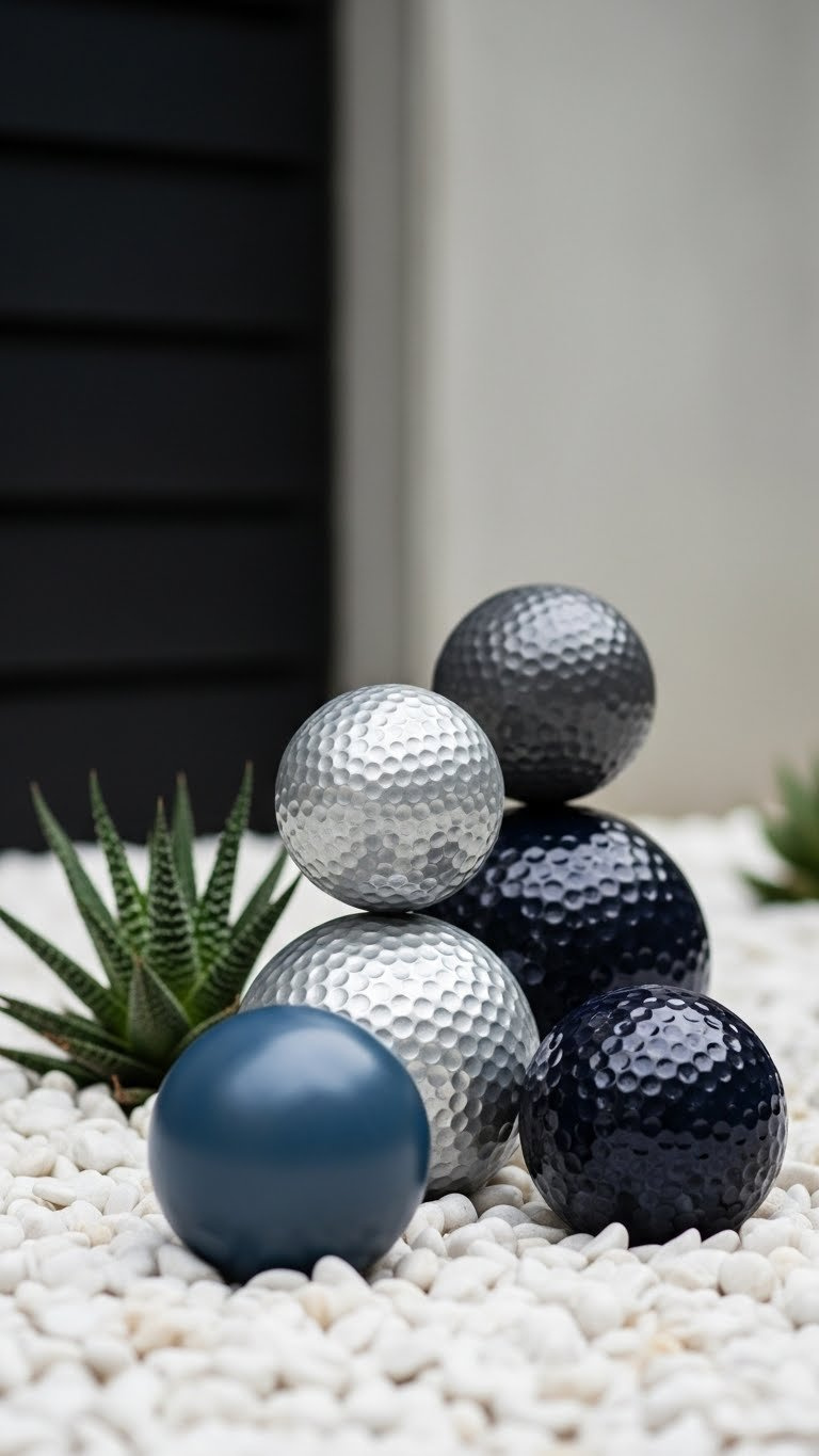 Modern Golf Ball Spheres Arranged Artistically On White Pebbles In Minimalist Garden Setting With Metallic Finish.