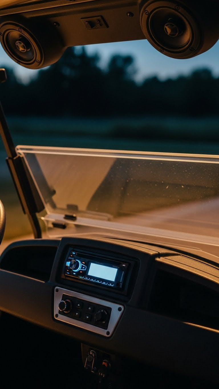 Modern Golf Cart Dashboard Featuring Backlit Marine-Grade Stereo System With Integrated Speakers