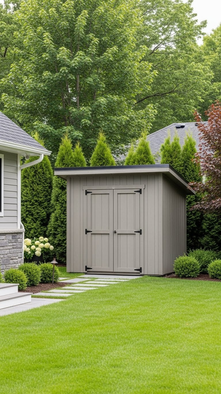 Modern Golf Cart Shed With Weather-Resistant Finish And Wide Door In Landscaped Backyard With Stone Pathway And Trimmed Hedges